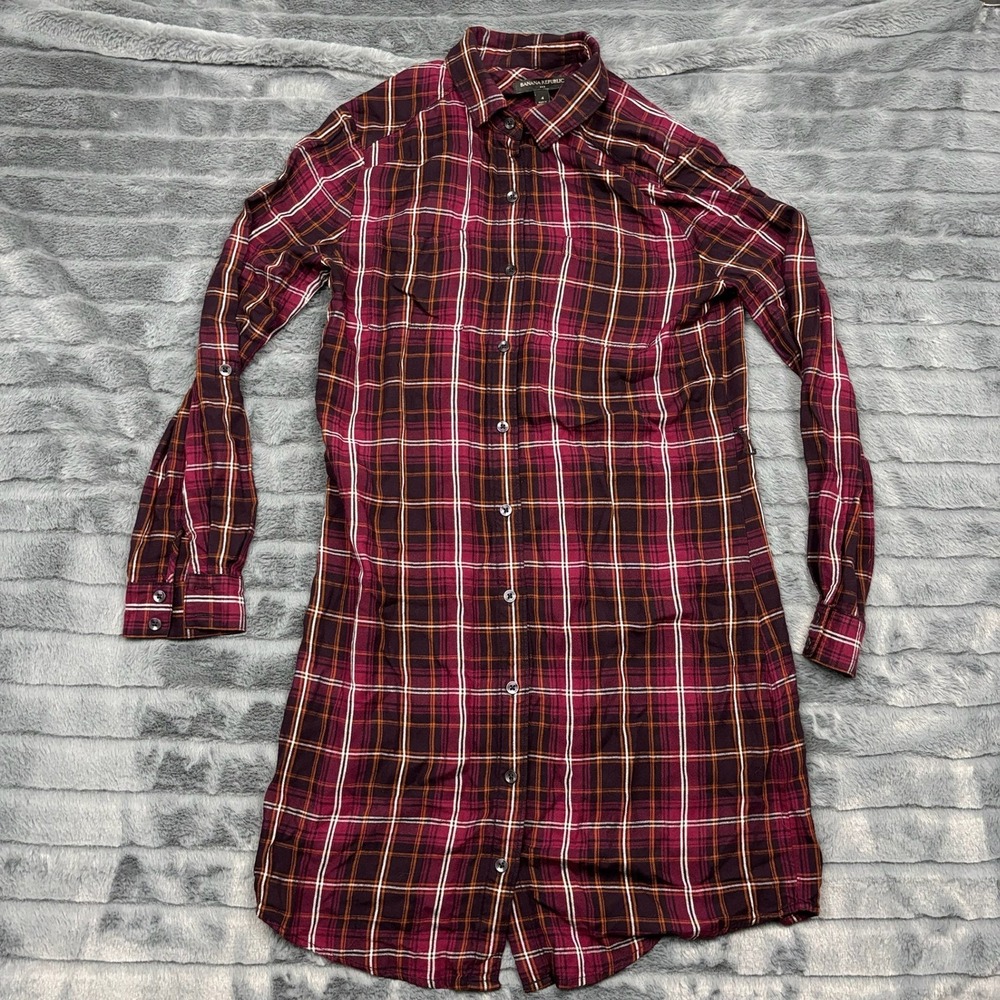 Banana Republic Womens Plaid Shirt Dress Burgundy Purple Rayon Roll Tab Sleeve 4